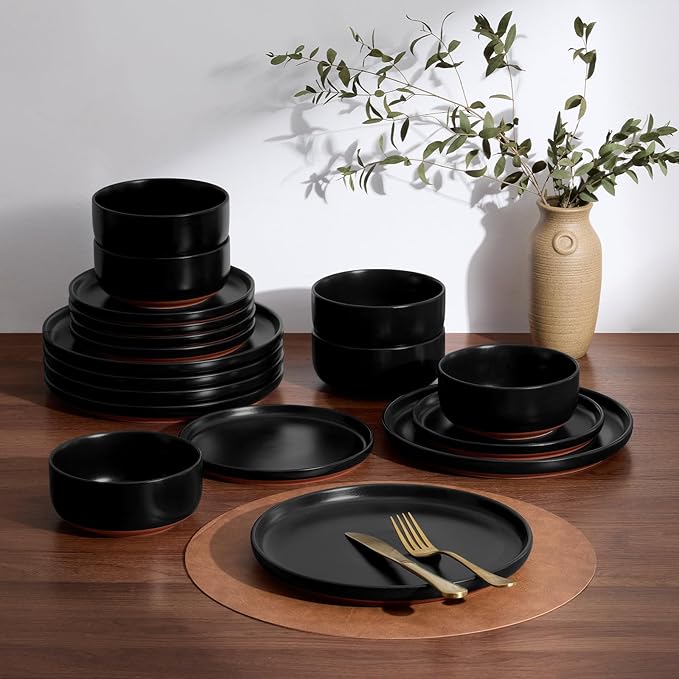 E-far 24-Piece Stoneware Plates and Bowls Sets, Dinnerware Sets for 8, Ceramic Dishware Dishes Set with Terracotta Base, Chip & Scratch Resistant, Microwave & Dishwasher Safe, Matte Black