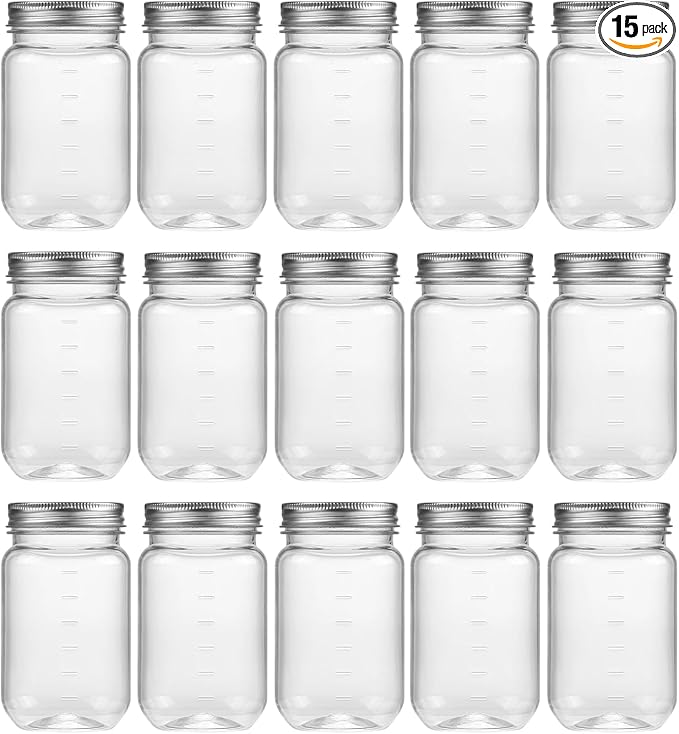 novelinks 16 oz Clear Plastic Jars with Lids, Refillable 16oz Mason Jars with Lids & Storage Containers for Kitchen & Household Use (15 Pack,Silver)