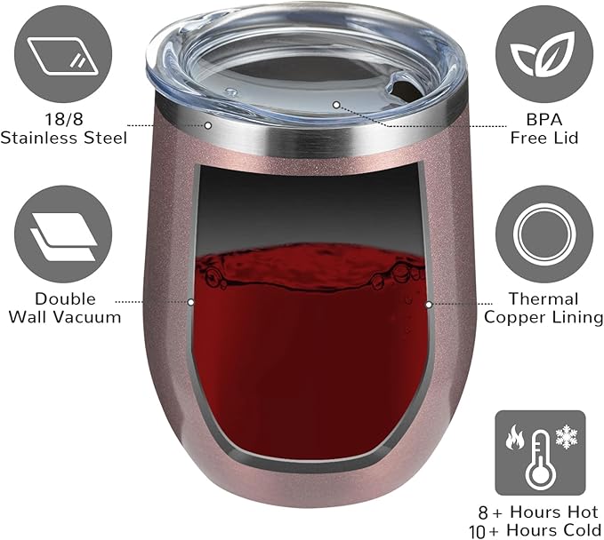 MEWAY Stemless 12 OZ Wine Tumbler Glasses with Lid -Insulated Double Wall Vacuum Stainless Steel Travel Tumbler with Straw,for Woman Under 10 dollars (Rose gold,1)
