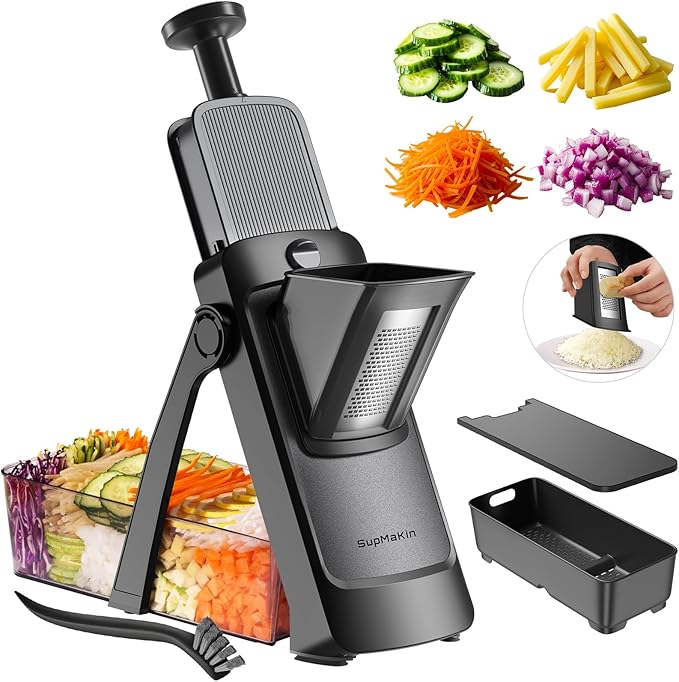 SupMaKin Upgrade Safe Mandoline Slicer,Multi Vegetable Chopper,Potato Slicer, Onion Chopper with Drain Basket Storage Container, Cheese Grater Kitchen Chopping Artifact (Black)