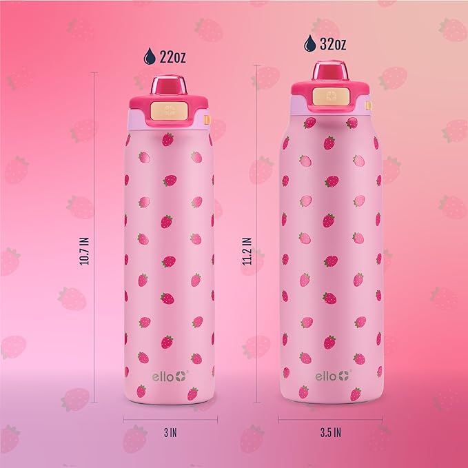 Ello Pop & Fill 22oz Stainless Steel Water Bottle with QuickFill Technology, Double Walled and Vacuum Insulated, Leak Proof Locking Lid, Straw and Chug, Fits Cupholder, Reusable BPA Free, Strawberries