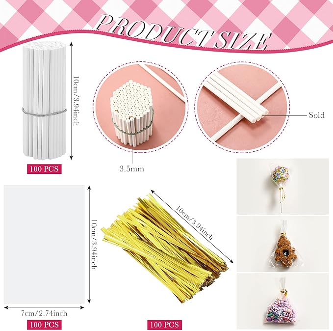 Yinkin Cake Pop Mold Sticks and Wrappers Cake Pop Kit Set Include 100 Parcel Bags 100 Papery Treat Sticks Metallic Twist Ties Scooper Ball Maker Lollipop Tools for Candy Chocolates and Cookies(Red)