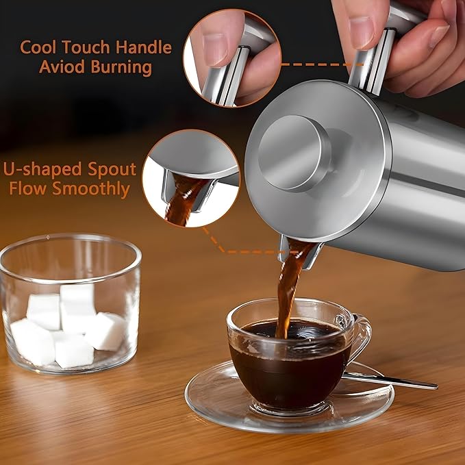 Small French Press Stainless Steel Coffee Maker 21oz(3 Cups), Double Wall Insulated for Hot& Cold Brew, Compact Coffee& Tea Press for Camping, Office, Travel with 3 Ultra-Fine Filters & Spoon- Silver