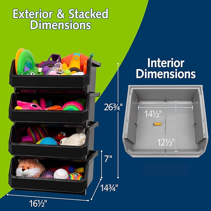 Plastic Containers for Organizing and Storage Bins for Closet, Kitchen, Office, Garage or Pantry Organization, Stackable Bins, Extra Large (14.8" x 16.5" x 7"), 4-Pack, Black