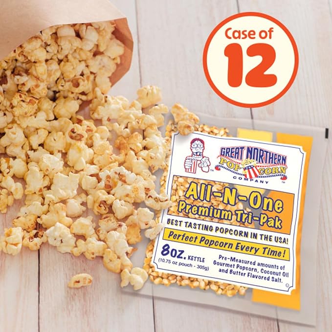 Movie Theater Style 12-Count Popcorn Packs - Pre-Measured 8-Ounce All-in-One Kernel, Salt, Oil Packets for Popping Machines by Great Northern Popcorn