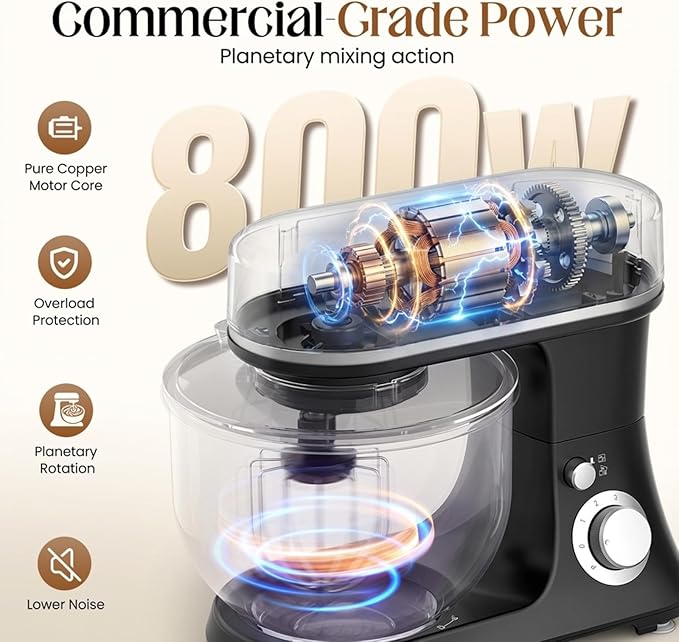 800W Stand Mixer with 5.3QT Bowl, 6-Speed with Pulse Electric Kitchen Mixer, Food Mixer with Dough Hook, Whisk, Beater Tilt-Head & Non-Slip Base for Cookie, Cake, Bread & Baking-Black