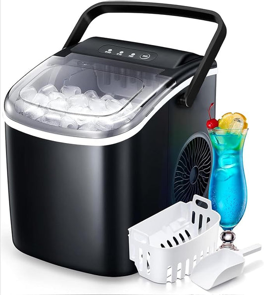 Countertop Ice Maker Machine, Portable Compact Small Bullet Ice Maker with Self Cleaning Function Makes 9 Cubes in 6 Minutes, Up to 26lbs in 24 Hours, Ideal for Camping Dorm Home Outdoor Use(Black)
