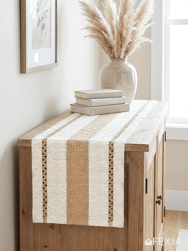FEXIA Boho Table Runner for Hoilday Spring Home Decor Farmhouse Rustic Table Runner Macrame Burlap Coffee Table Decor House Decoration for Living Room Bridal Shower (12x72 Inches)