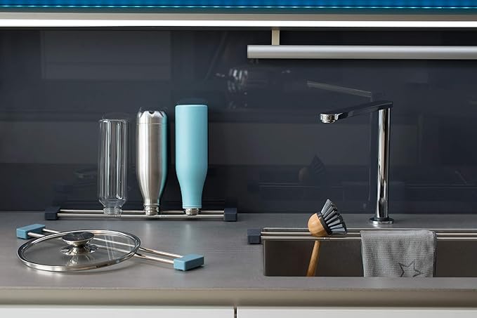 Sanni Shoo drip.line Pure - Versatile and Adjustable Kitchen Rack Drip Tray for Dishcloths, Brushes, and Bottles - Hygienic Storage - Made ofStainless Steel and Silicone