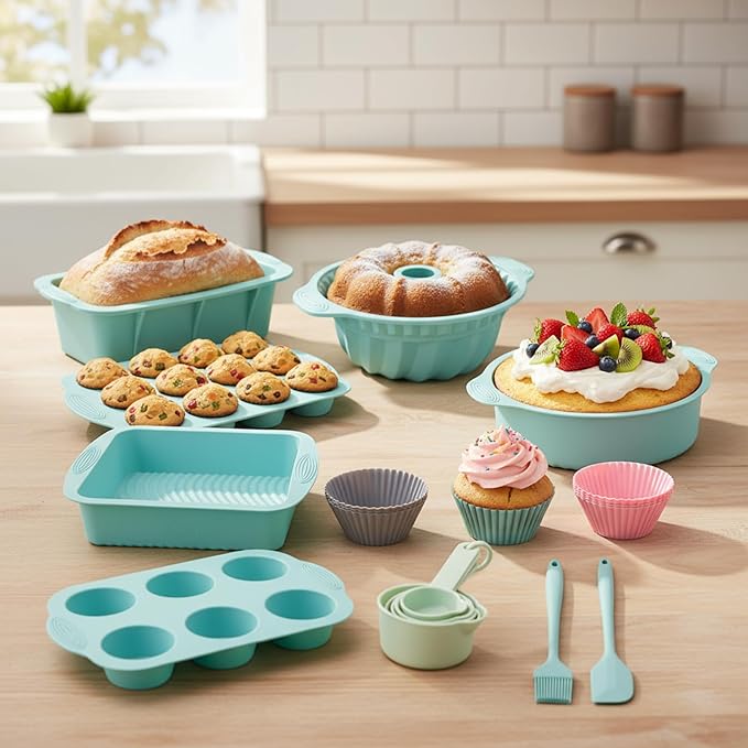 25 PCS Silicone Baking Pans Set, Nonstick Bakeware Sets with Round/Square Cake Pans, Muffin Pan, Baking Cups and Spoons for Bread, Cupcakes and Desserts