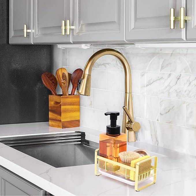 HULISEN Kitchen Sink Sponge Holder, 304 Stainless Steel Kitchen Soap Dispenser Organizer, Countertop Drainer with Removable Tray, not Including Dispenser and Brush, Gold
