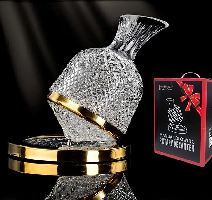 Wine Decanter Set - Spinning Crystal Red Wine Decanter Golden, 1.5L Luxury Wine Aerator Carafes Glass, Jarler Hand Blown lead-free Decanter with Greeting Card, Art Wine Gift for Wine Lover