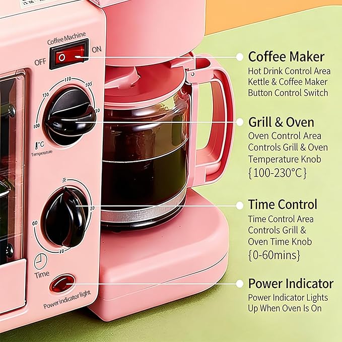 9L, 3-in-1 multifunctional home breakfast machine, mini oven, coffee machine, with timer，visible window (Pink)