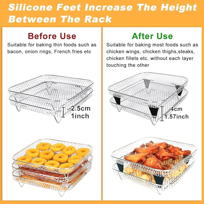 BYKITCHEN 8 inch Square Air Fryer Rack, 3pcs Stackable Stainless Steel Dehydrator Rack with Silicon Feet, Square Air Fryer Accessories for Cosori, Instant Vortex, Ninja Pro XL 6.5 QT AF181 & More