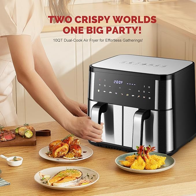 Upgraded Large 10QT Dual Air Fryer, Digital Touchscreen, Smart Sync Cook & Finish Function to Air Frying, Reheat, Bake, Double Baskets for Fresh Meals, Snack for Family and Children