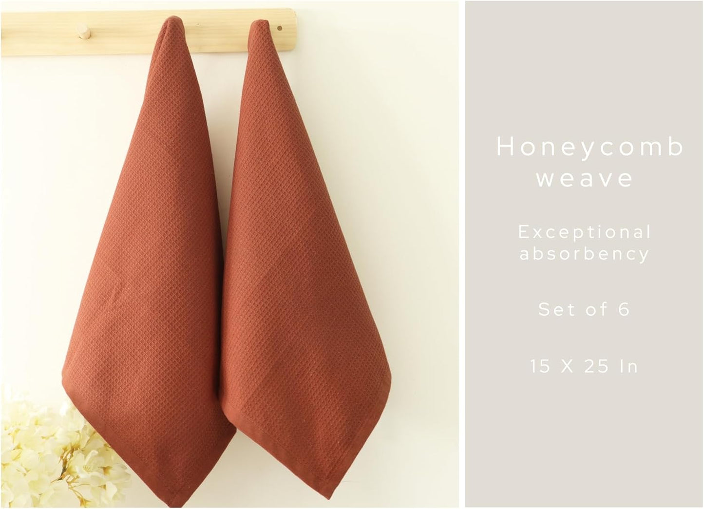 PurpleEssences Rust Waffle Weave Kitchen Towel, 100% Cotton - 15 x 25 Inches, with Hanging Loop Ultra Soft Absorbent Quick Drying Dish Cloth, Tea and Hand Towels, 6 Pack - Spring Summer - Rust