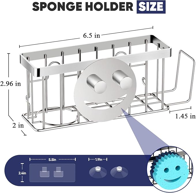 Sponge Holder for Kitchen Sink,Sink Caddy Smiley Face,4-in-1 Sponge Holder with Suction Cups & 1 PCS Adhesive Strips for Holding Soap,Brush,Scrubber,Sponge,Stopper-Silver
