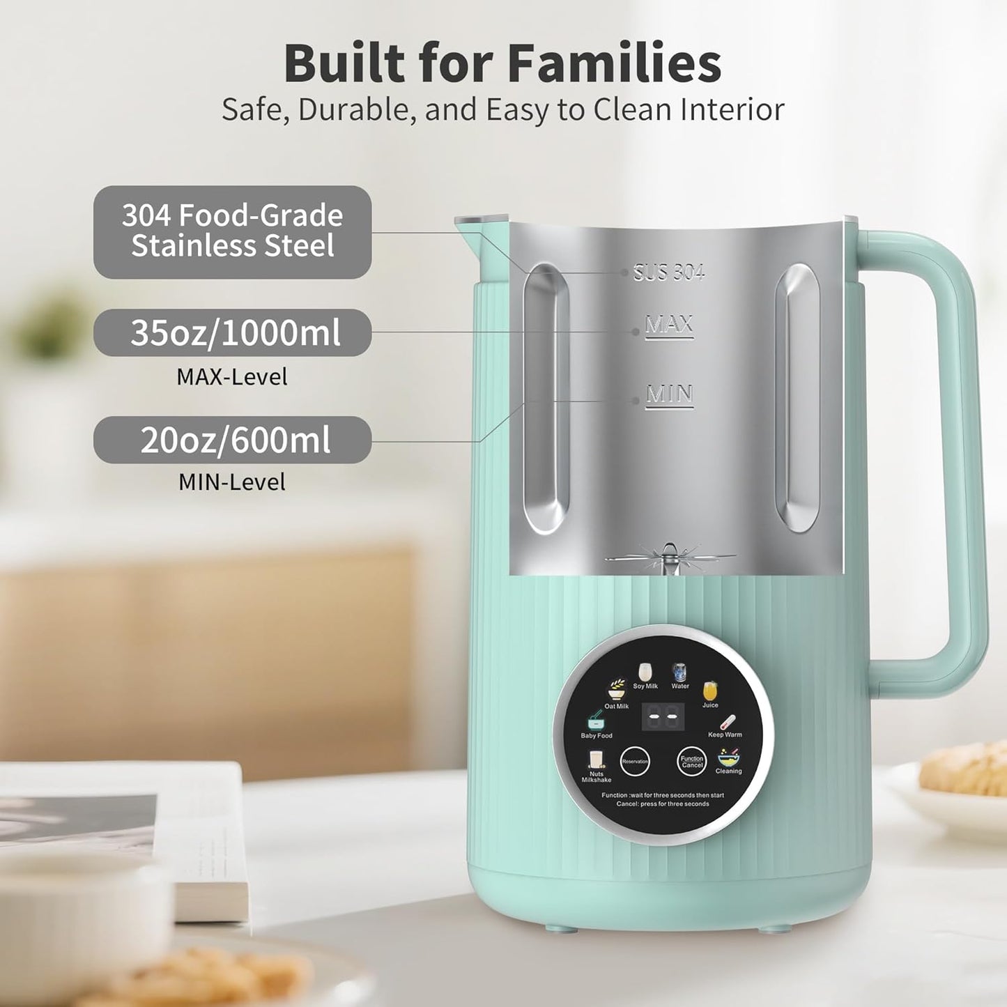 35oz Soy Milk Maker Machine: 8-in-1 Nut Milk Maker for Oat Milk, Vegan Drinks, Baby Food Blender - Plant-Based Milk Machine with Stainless Steel, LED Touch, Auto Shutoff (Green)