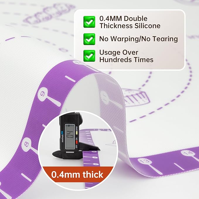 Silicone Pastry Mat with 10 Useful Recipes, Silicone Mat for Baking, Dough Rolling for Bread, Cookie, Macaron, Pizza, Surdough, Non Stick Silicone Mat for Counter 32X24INCH Purple