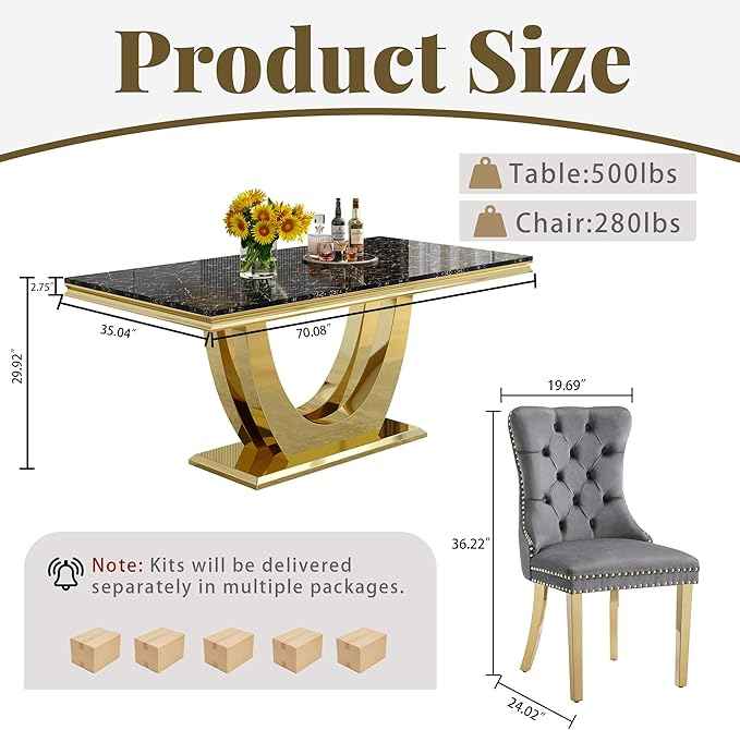 Marble Dining Table Set for 6,70" Black Faux Marble Kitchen Tables and Velvet Chairs for 6,7 Piece Luxury Dining Room Table Set and 6 Upholstered Chairs with Gold Stainless Steel Bases