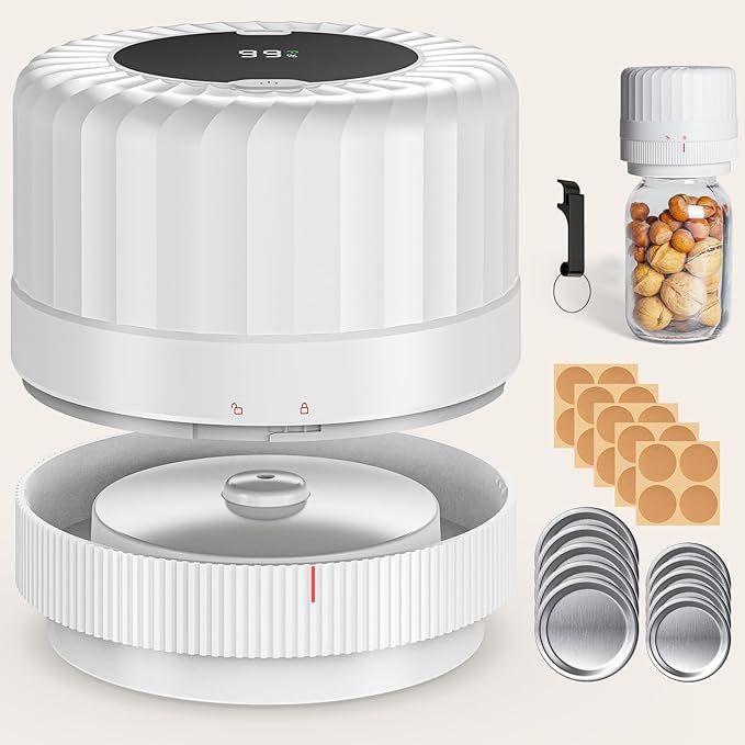 HTPOW Electric Mason Jar Vacuum Sealer - Fully Automatic Mason Jar Vacuum Sealer Kit for All Mason Jars with Regular Lids and Wide Mouth Lids, A Must-Have Tool for Canned Foods/Pantry - White