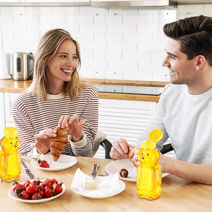 Thenshop 60 Pcs Plastic Bear Honey Bottle Jars Bulk 12 oz Honey Squeeze Bottle Empty with Flip Top Lid Containers Honey Bear Bear Juice Bottle Drinking Cup Yellow Flap Caps for Storing Dispensing