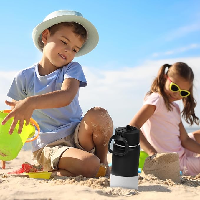 Volhoply 14oz KIds Insulated Stainless Stee Water Bottle with Straw Lid and Silicone Boot,BPA-Free Easy Use for Boys&Girls,Double Wall VacuumLeakproof Bottles(Black,1)