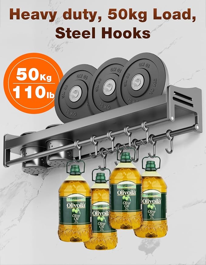 kitchen utensil hanger, wall mounted rail with hooks, waterproof hooks for utensils, easy installation without drilling (31.5 inches, Count, 2)