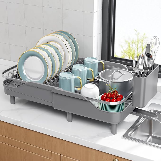 Urackify Expandable Dish Rack for Kitchen Counter, 16.14"-23.62" Large Stainless Steel Dish Drying Rack with Adjustable Water Spout, Space Saving Dish Drainer with Auto Draining Cutlery Holder,Grey