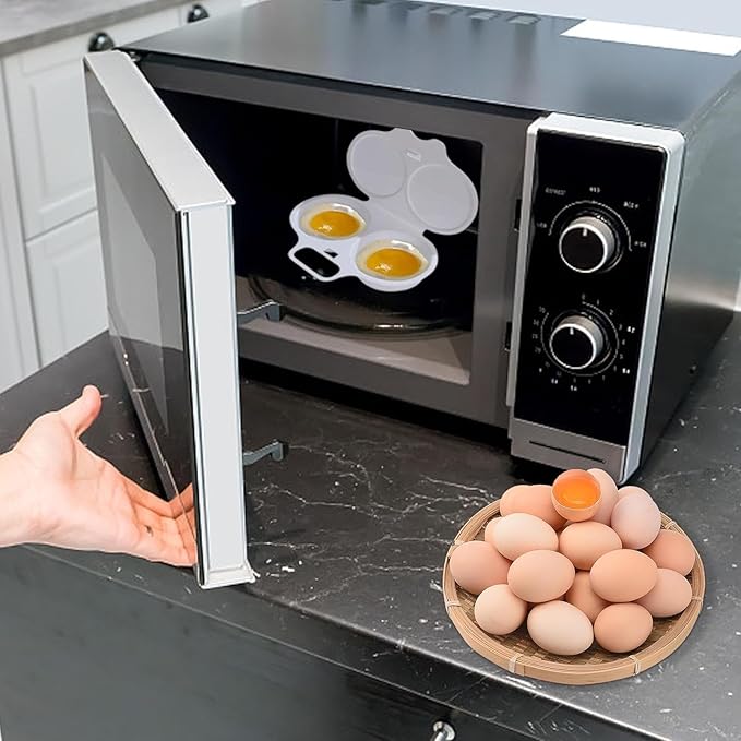 White Egg Poacher, Microwave Egg Boiler Poacher, Microwave Egg Poacher, 2 Cavity Nonstick Poached Egg Maker With Lid, Egg Cooker, Double Drain Poached Cups Specialty Cookware