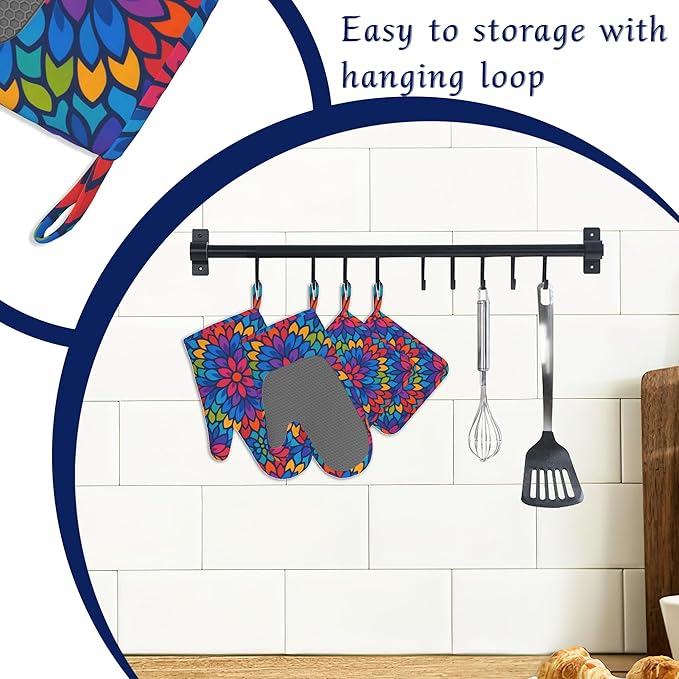 Boho Mandala Floral Potholders & Oven Mitts Sets Colourful Abstract Silicone Heat Resistant Oven Mits and Hot Pads Non-Slip Pot Holders Gloves for Kitchen Chef Cooking Baking Grilling BBQ