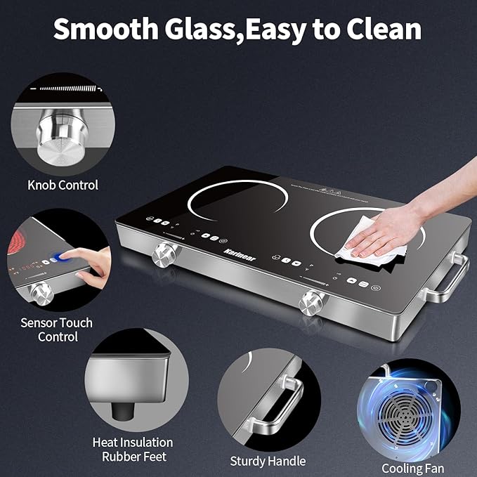 Karinear 2 Burner Electric Cooktop 110V, Portable Electric Stove with Handle, Knob Control Electri Hot Plate, Ceramic Countertop Burner, Timer, Safety Lock, 9 Power Level, 2000W, 24 inch(White)