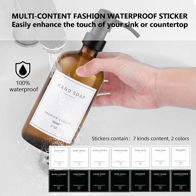 Thick Glass Soap Dispenser - Kitchen Dish Hand Soap Dispenser Set, Rustproof Pump Soap Lotion Dispenser Bathroom with Tray,14 Stickers for Kitchen Decor Amber Bottle/Black Pump