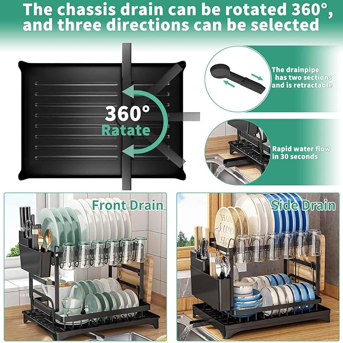 XLMYS Dish Drying Rack, 2 Tier Large Dish Drying Rack for Kitchen Counter with Drainboard Stainless Steel Dish Drainer for Dish/Knifes/Cup/Cutting Board, Black