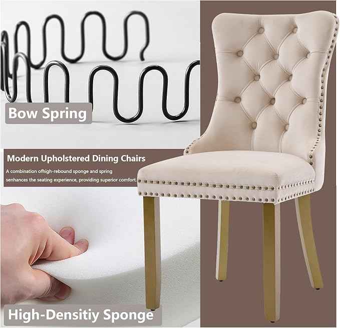 Velvet Dining Chairs Set of 6, Modern Tufted Dining Room Chair, Upholstered Dining Chairs with Lion Head Pulls Ring and Golden Solid Wood Legs, Luxury Kitchen Chairs for Dining Room, Beige