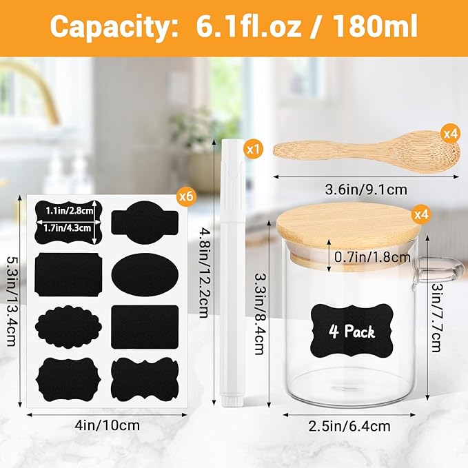Glass Jar with Bamboo Lids and Spoon - 4 Pack 6 Fl.oz Round Glass Food Storage Jars with Airtight Lid, Includes Labels and Marker, Clear Coffee Sugar Container Set, Loose Tea Canister for Spice