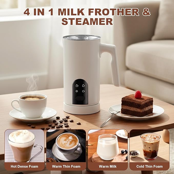 4 in 1 Electric Milk Frother Automatic Hot & Cold Foam Maker Auto Shut-Off Durable Stainless Steel Milk Frother Silent Working Easy to Clean for Cappuccino, Hot Chocolate (White)