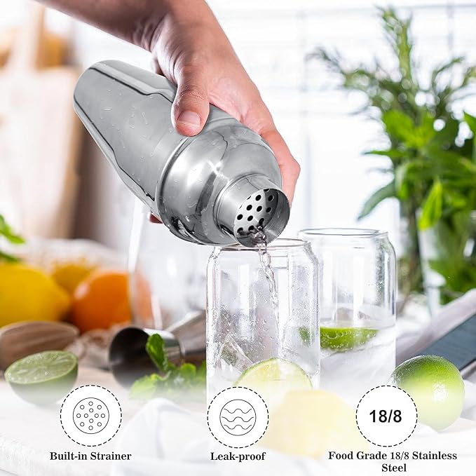 BARsics 24oz Stainless Steel Bar Cocktail Shaker, 1oz/2oz Jigger and 8" Mixing Spoon