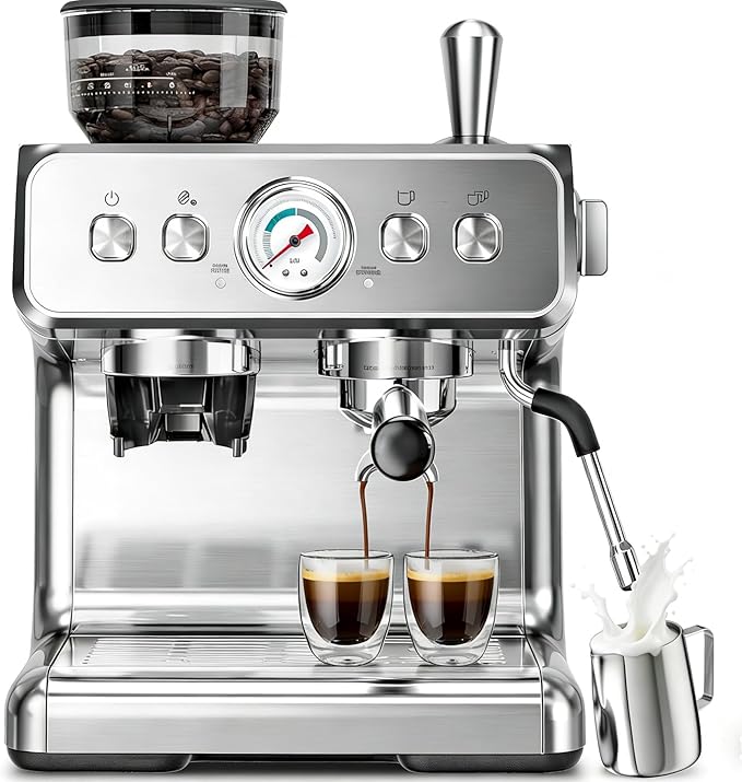 Kismile Espresso Machine with Grinder, 20 Bar Expresso Coffee Machines with Milk Frother, 58mm Expresso Machines for Home, Perfect for Cappuccino & Latte, Silver