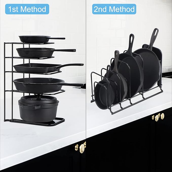 Toplife 2 Pack Heavy Duty Pan Organizer, 5 Tier Pot and Pan Organizer Rack for Cast Iron Skillets, Griddles and Pots - Sturdy Steel Construction- No Assembly Required - Black