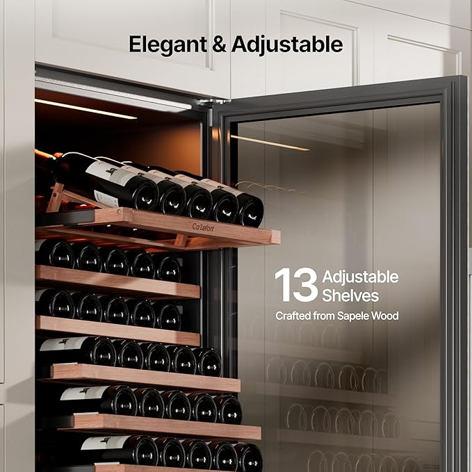 Ca'Lefort 155 Bottle Wine Fridge - 24 Inch Dual Zone Wine Cooler 40-65°F with Bottom Drawer, 13 Adjustable Shelves & 3 LED Lights, Energy Star Certified Built-in or Freestanding for Home/Bar/Kitchen