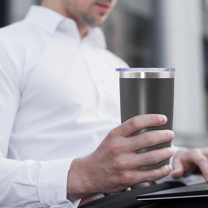 20 oz Tumbler Coffee Travel Tumblers Bulk with Lid Stainless Steel Double Wall Vacuum Insulated Mug Powder Coated Cups fit Car Cupholder for Hot and Cold - Grey, 1Pack