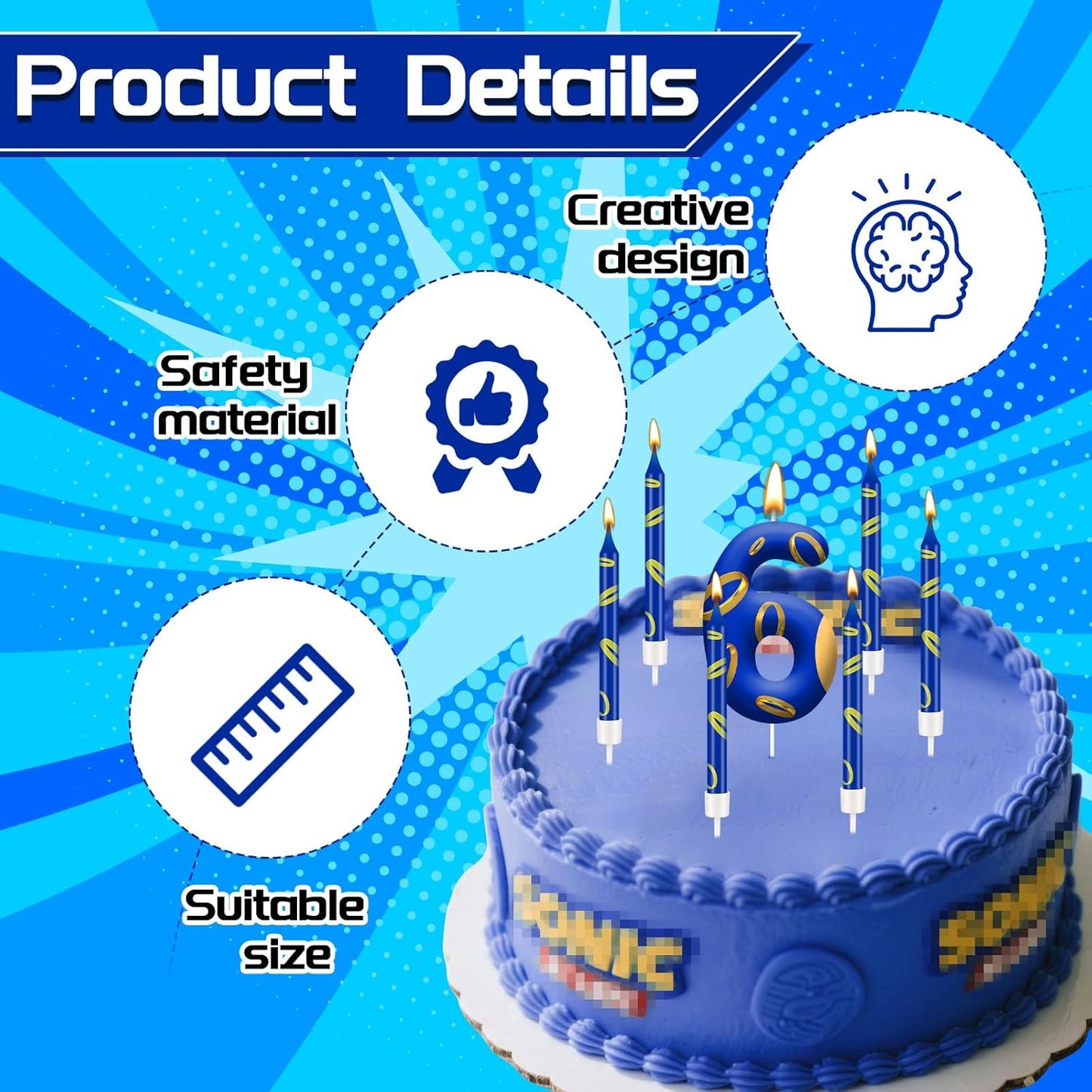 13PCS Birthday Cake Candles Set - Blue and Golden Ring Number Candles with Vibrant Designs for Boys & Girls, Theme Birthday Party Decorations, Cake Toppers for Theme Parties(Number 6)