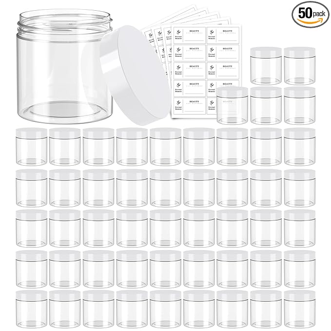 50 Pack 4 OZ Plastic Jars Round Clear Cosmetic Container with White Lids, Eternal Moment Slime Jars for Lotion, Cream, Ointments, Makeup, Eye shadow, Rhinestone, Samples, Pot, Travel Storage