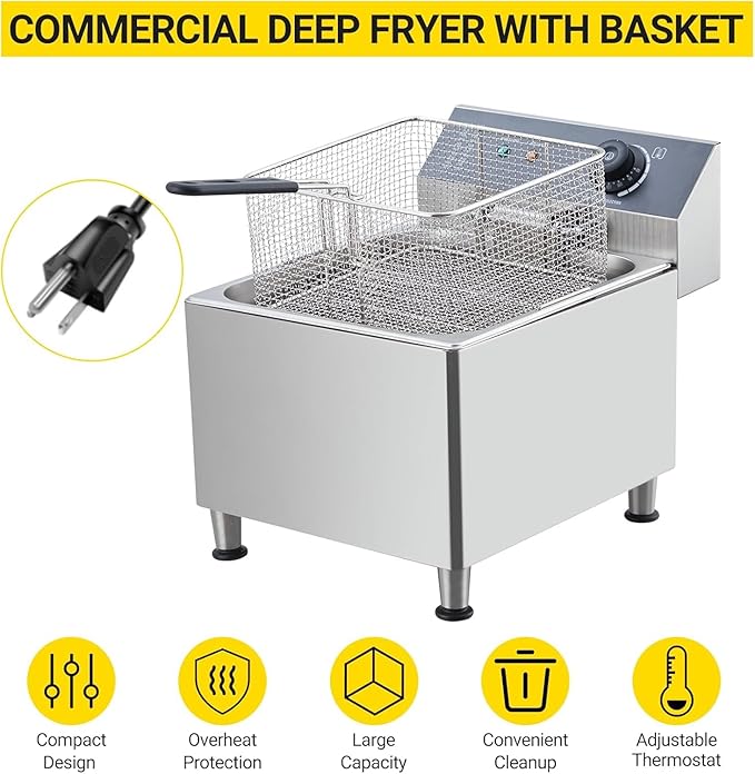 GarveeHome Commercial Deep Fryer 11 L/3.3 gal 1700W,110V|6 LB Basket with 304 Stainless Steel & Rapid Heating System | Splash Guard Lid for Restaurant, Food Truck, Home Kitchen