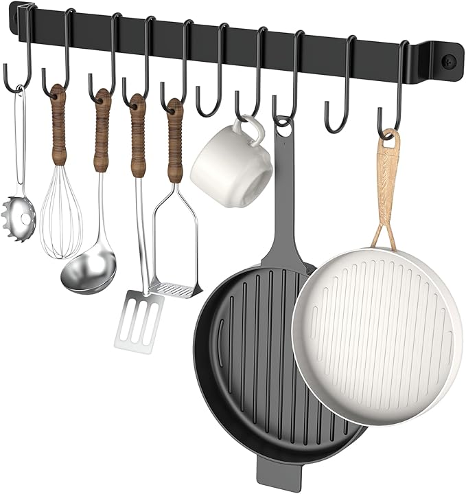 Kitchen Hanger Wall Mounted with 10 Hooks, Wrought Iron Kitchen Rail Utensil Holder Rack, Hanging Pots, Pans, Coffee Mug, Black, 17", 1 Pcs