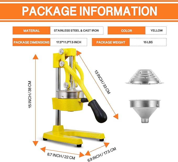 Commercial Heavy Duty Cast Iron Hand Press Manual Orange Citrus Lemon Lime Grapefruit Pomegranate Fruit Juice Squeezer Machine with Stainless Steel Cup Yellow