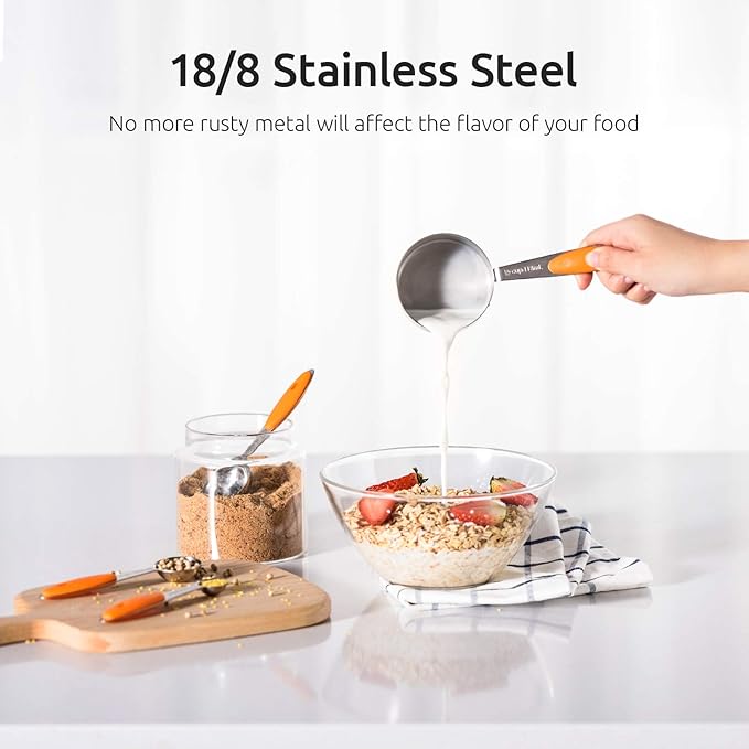 U-Taste 18/8 Stainless Steel Measuring Cups and Spoons Set of 10 and 12.6in Stainless Steel Danish Dough Whisk (Orange)