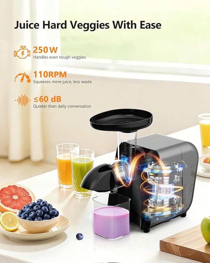 Cold Press Slow Juicer for Fruits & Vegetables Celery Carrot Ginger, Masticating Juicer Machine Soft Hard Mode, Reverse Function,250W Motor, Easy To Clean, Fresh Orange Juice Extractor