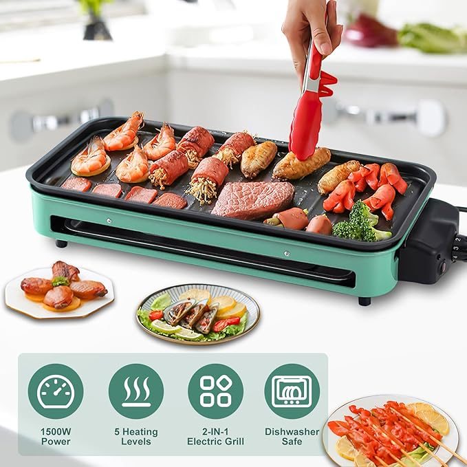 1500W Electric Indoor Grill,2 in 1 Smokeless Indoor Grills,Portable Korean BBQ Raclette Table Grill for Kitchen with Net & Non-Stick Cooking Removable Plate 5 Temperature Control,Dishwasher Safe